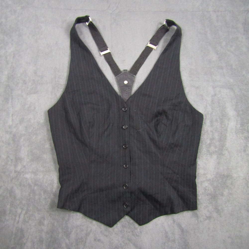 BCBGMAXAZRIA Vest Women 12 Black Pinstripe Suspender Back Wool Blend Tuxedo
